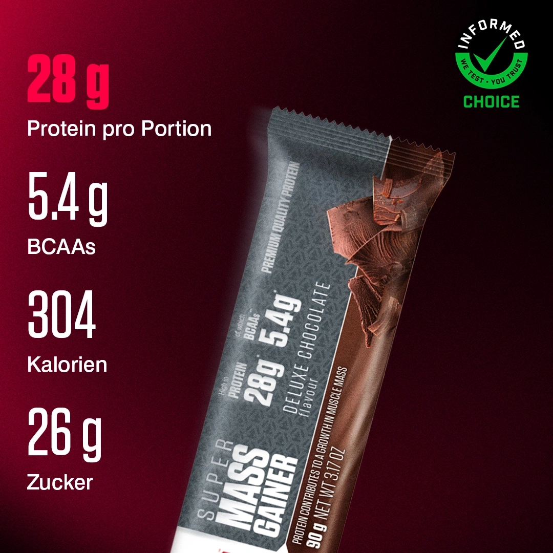 Schokoriegel mit Nährwertangaben: 28g Protein, 5.4g BCAAs, 304 Kalorien, 26g Zucker.