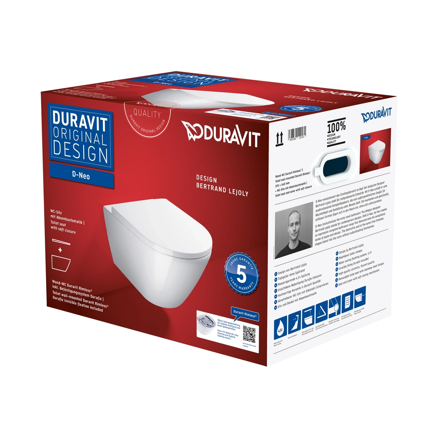 Verpackung einer Wand-WC-Schüssel von Duravit mit WC-Sitz und Informationen zum Design.