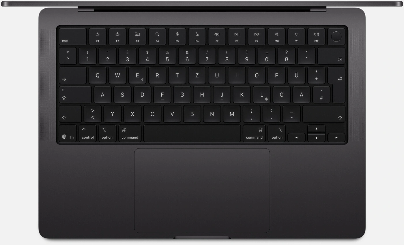 Ein schwarzes MacBook-Tastatur- und Trackpad-Layout.