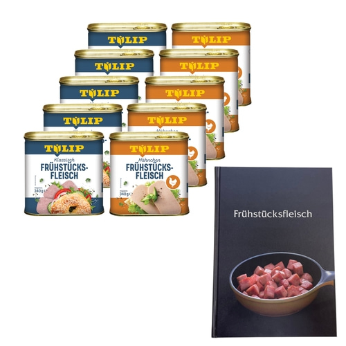 TULIP Bundle 10x Frühstücksfleisch Schwein Hähnchen 340g Delikatesse + Kochbuch