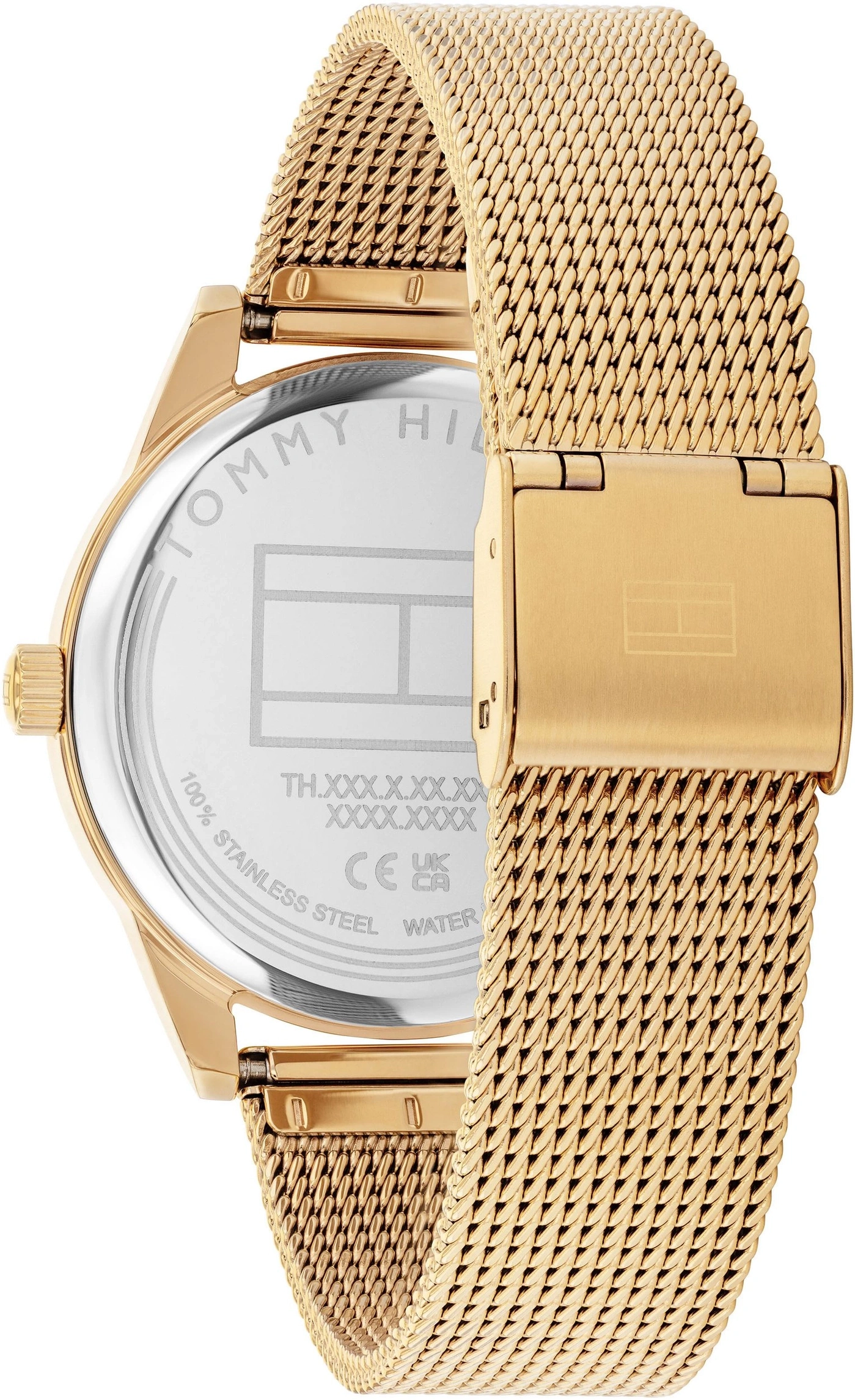 Goldfarbenes Mesh-Armband mit Tommy Hilfiger Logo auf dem Gehäuseboden