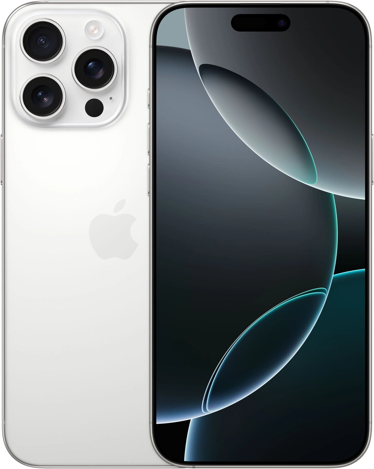 Ein weißes iPhone mit drei Kameras auf der Rückseite und einem dunklen Bildschirm.