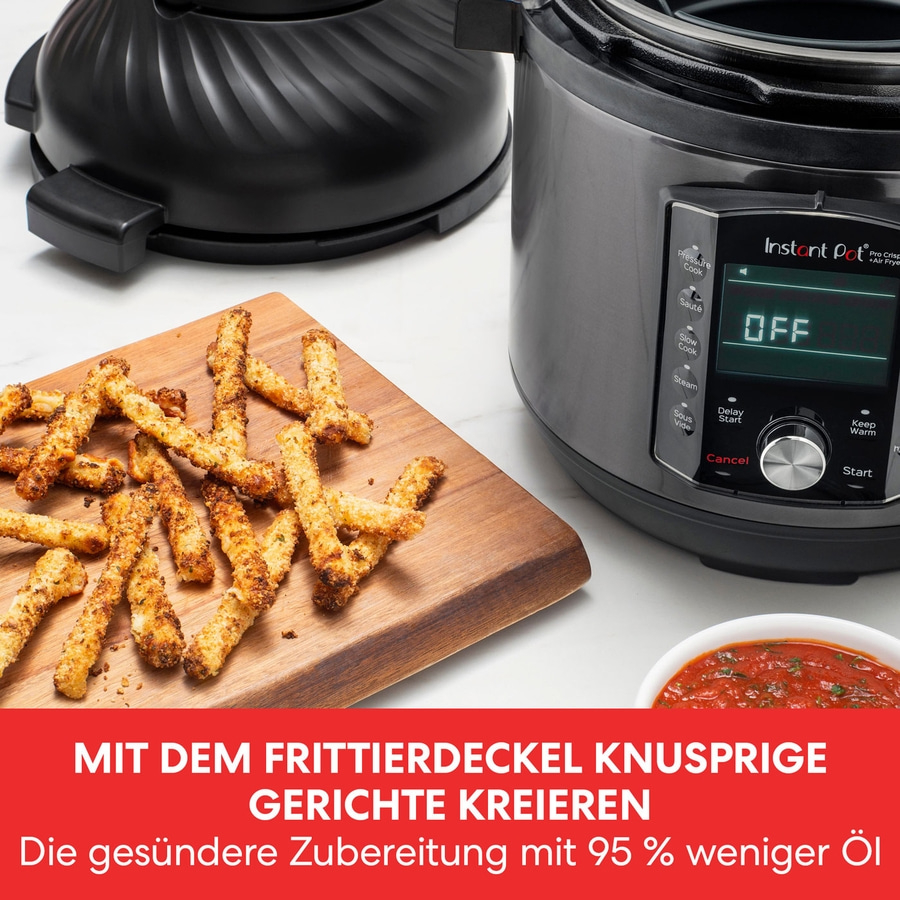 Instant Pot mit knusprigen Gerichten, 95% weniger Öl, Frittierdeckel.