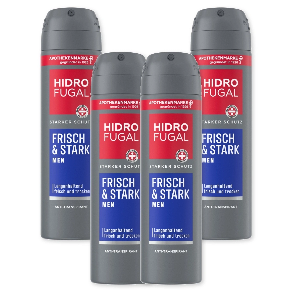 Vier HIDRO FUGAL "Frisch & Stark" Deodorant-Dosen für Männer.