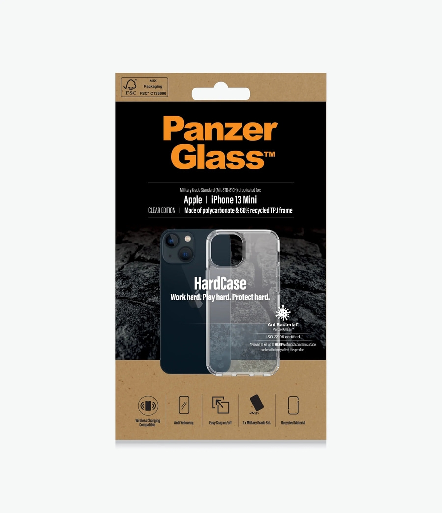 PanzerGlass iPhone 13 Mini HardCase, klar, antibakteriell, recyceltes Material, Schutzhülle
