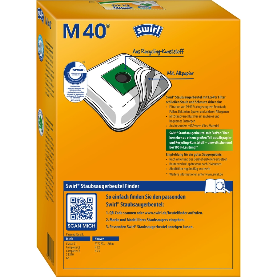 SWIRL Staubsaugerbeutel M 40 EcoPor für Miele 3er-Pack 12 Beutel 3 Airfilter