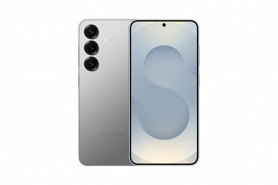 Graues Smartphone mit drei Kameras und einem Bildschirm, Samsung.