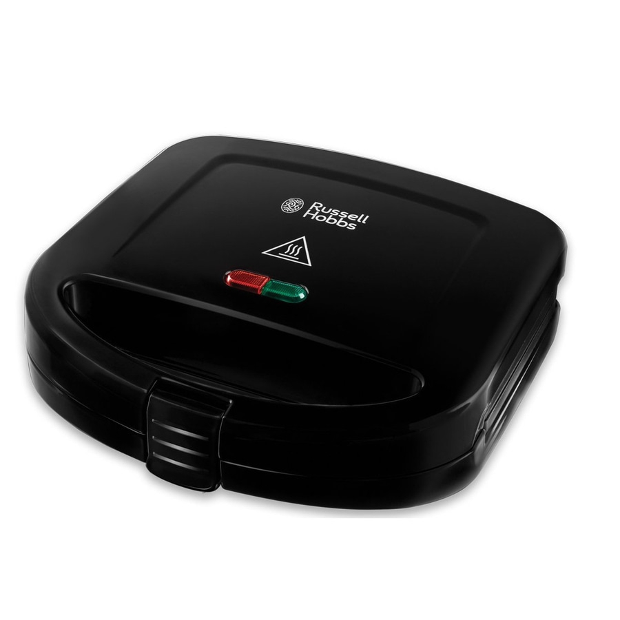 Schwarzer Sandwichmaker von Russell Hobbs mit roten und grünen Lichtern.