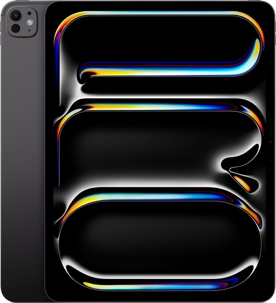 Ein dunkles iPad mit einem abstrakten, bunten Hintergrundbild.