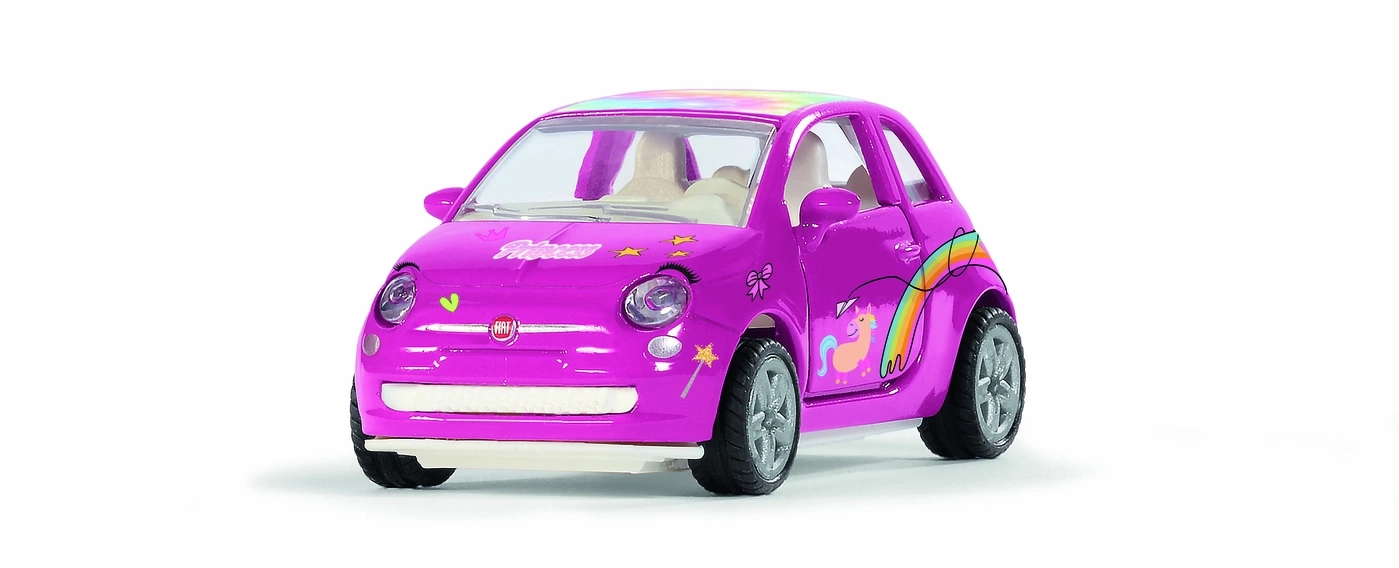 Ein pinkes Spielzeugauto mit Einhorn- und Regenbogenaufklebern.