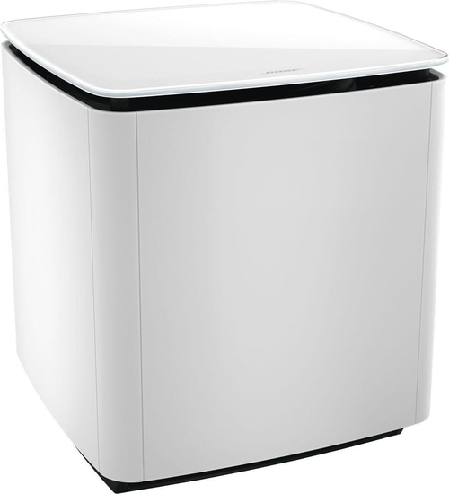 Weißer Bose-Subwoofer mit Glasplatte und schwarzem Sockel, modern
