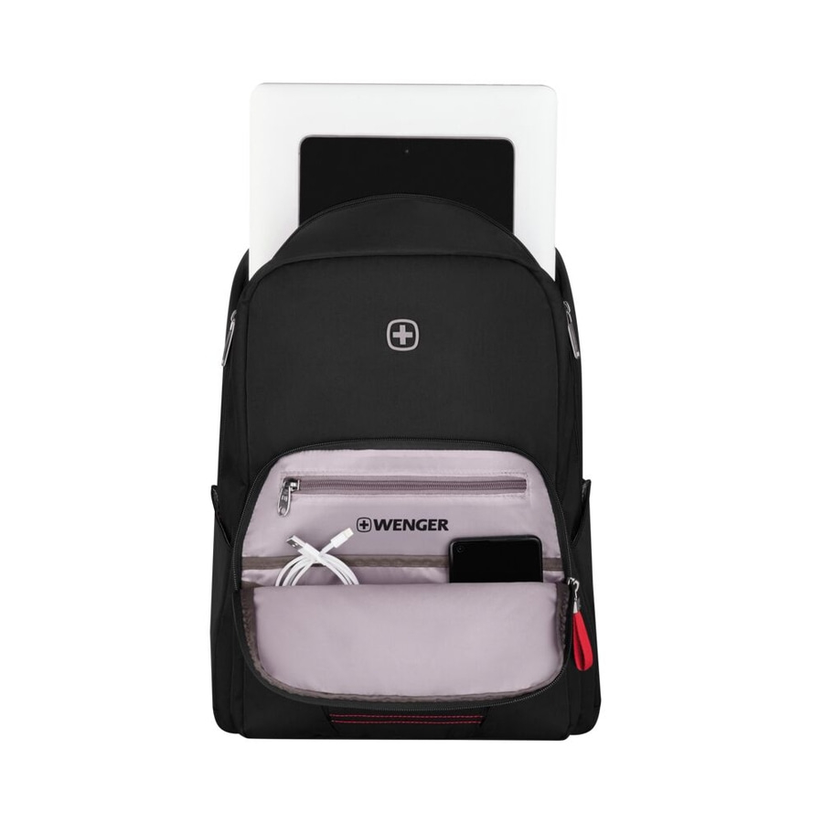 Schwarzer Rucksack mit Tablet und Zubehör, Wenger-Logo, offene Tasche