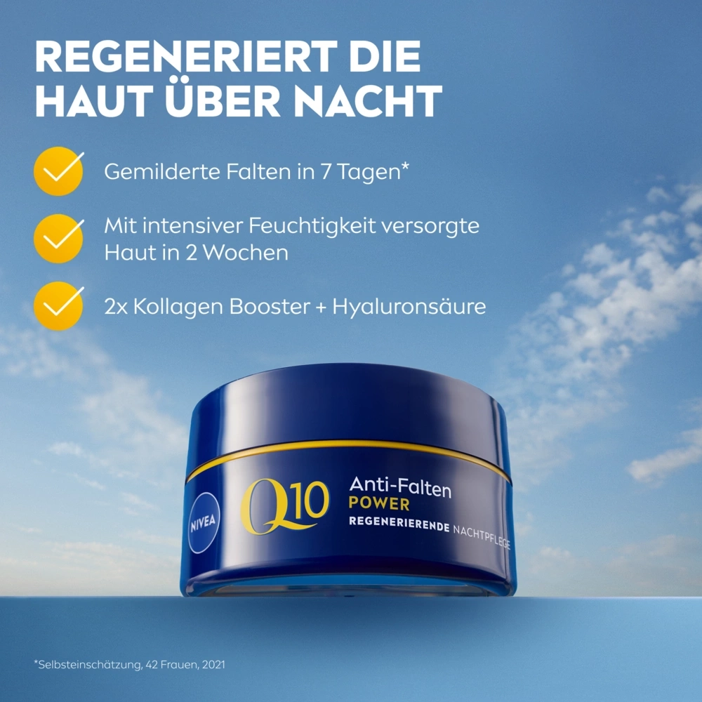 Nivea Q10 Nachtcreme mit Kollagen Booster und Hyaluronsäure für regenerierte Haut.