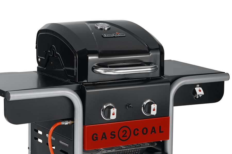Schwarzer Gasgrill mit Thermometer und Gas-2-Kohle-Funktion, mit Flaschenöffner.