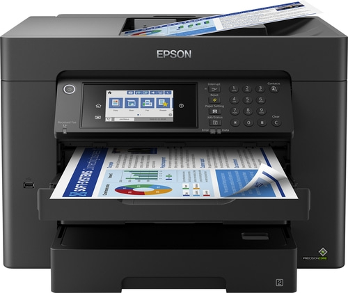 Epson-Drucker mit Bedienfeld, Papierausgabe und eingelegtem Papier, bereit zum Drucken.