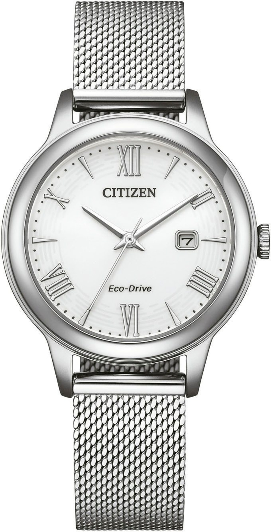 Citizen Eco-Drive Armbanduhr mit silbernem Mesh-Armband und römischen Ziffern.