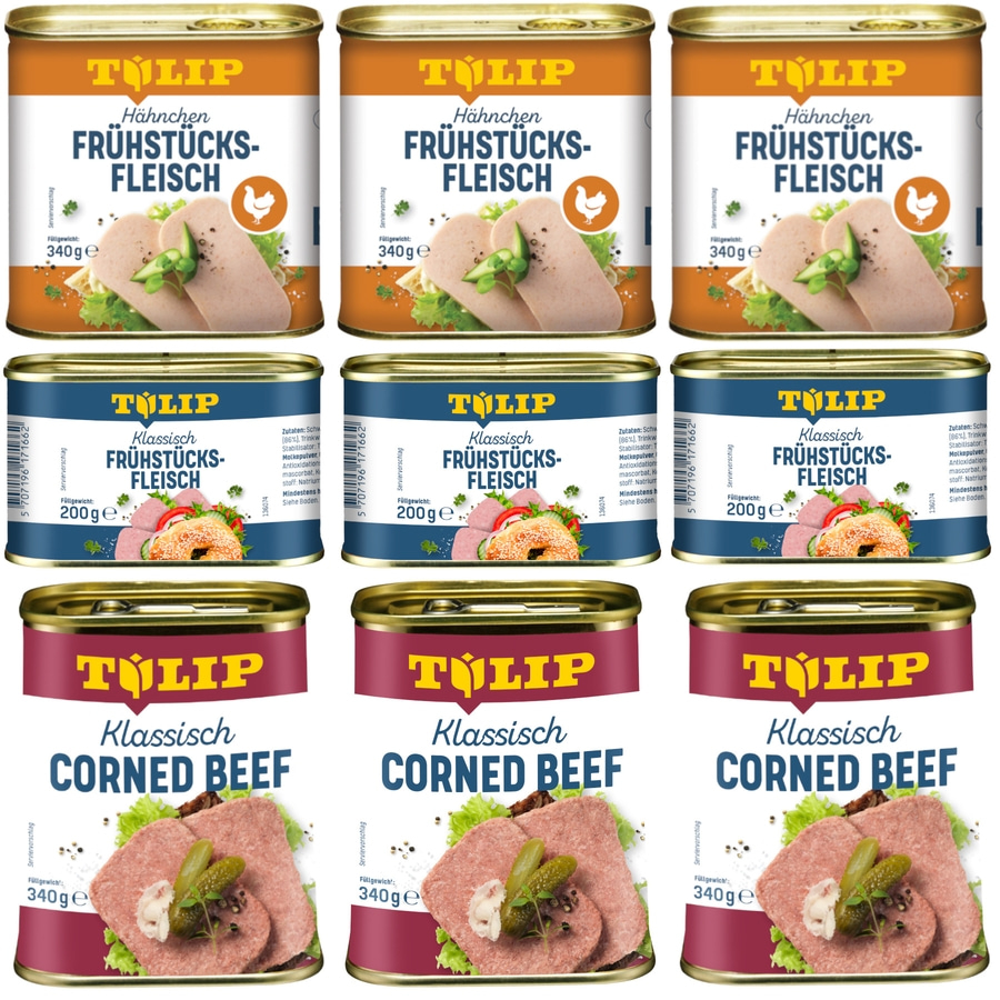Drei Dosen Hähnchen Frühstücksfleisch, drei Dosen Klassisch Frühstücksfleisch, drei Dosen Corned Beef