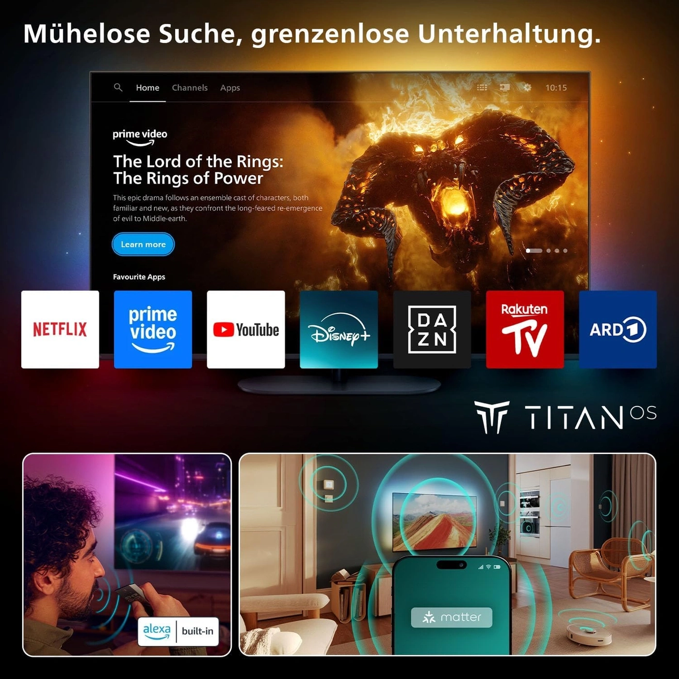 Ein Fernsehgerät mit verschiedenen Apps und Smart-Home-Funktionen.