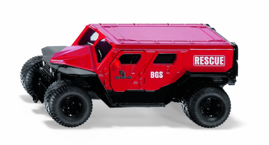 Rotes Spielzeug-Rettungsfahrzeug mit großen Reifen und Aufschrift 'RESCUE' und 'BGS'.