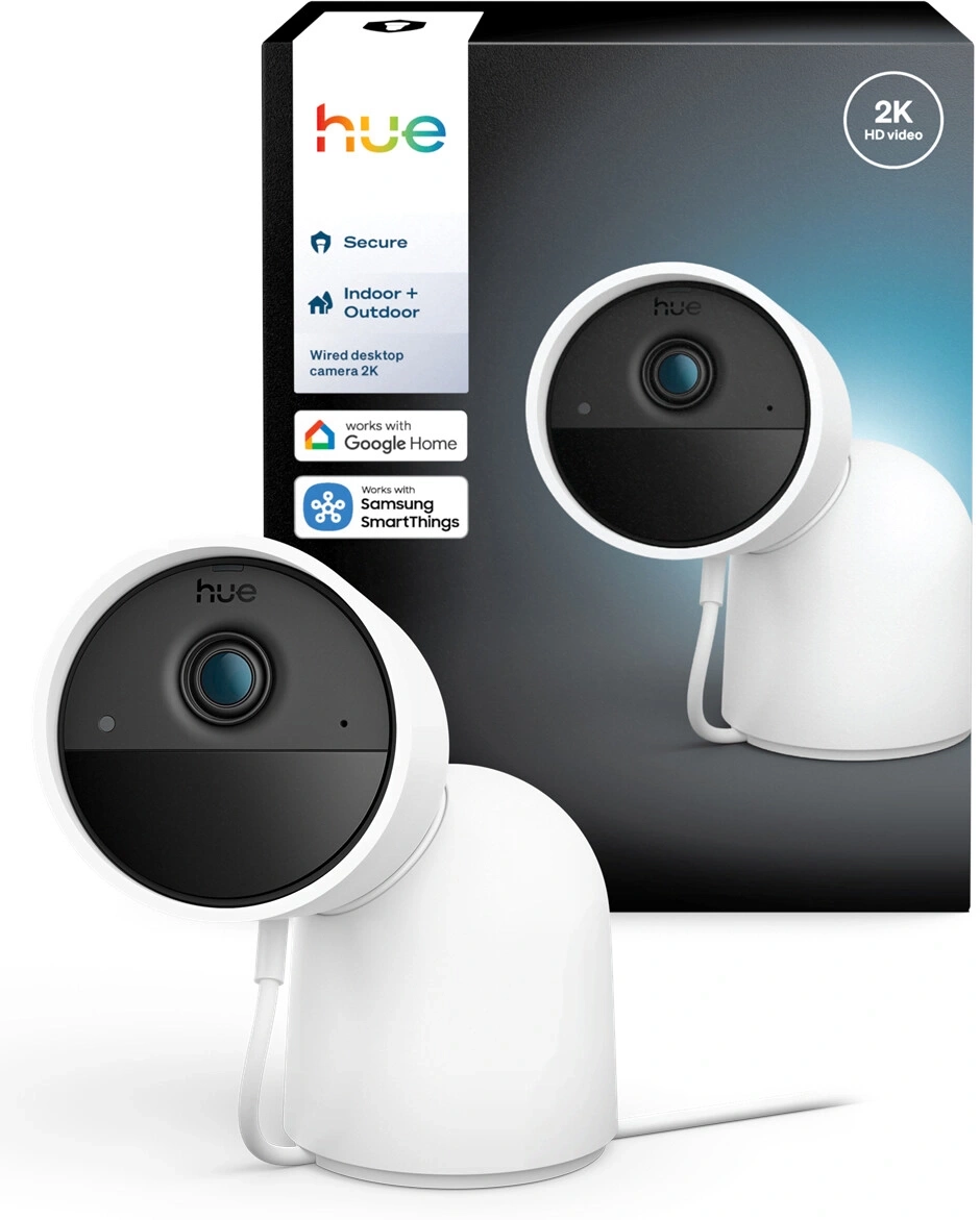 Weiße Hue Überwachungskamera mit 2K HD Video und Google Home Kompatibilität.