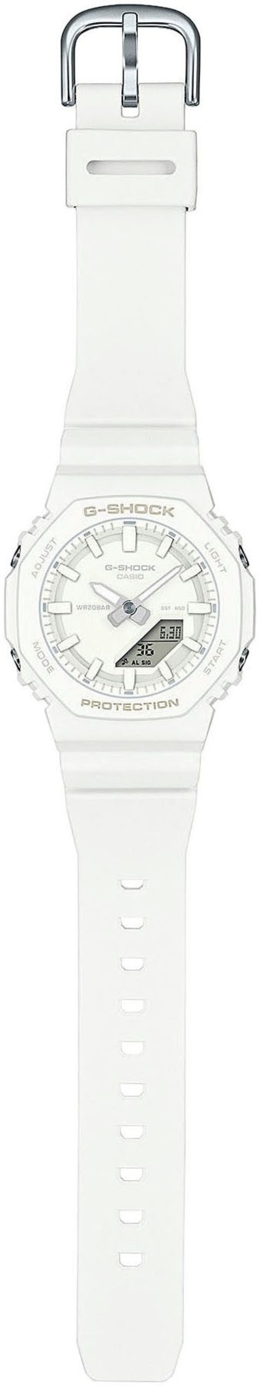 Weiße G-Shock-Uhr mit digitaler Anzeige und weißem Armband. Wasserdicht und robust.