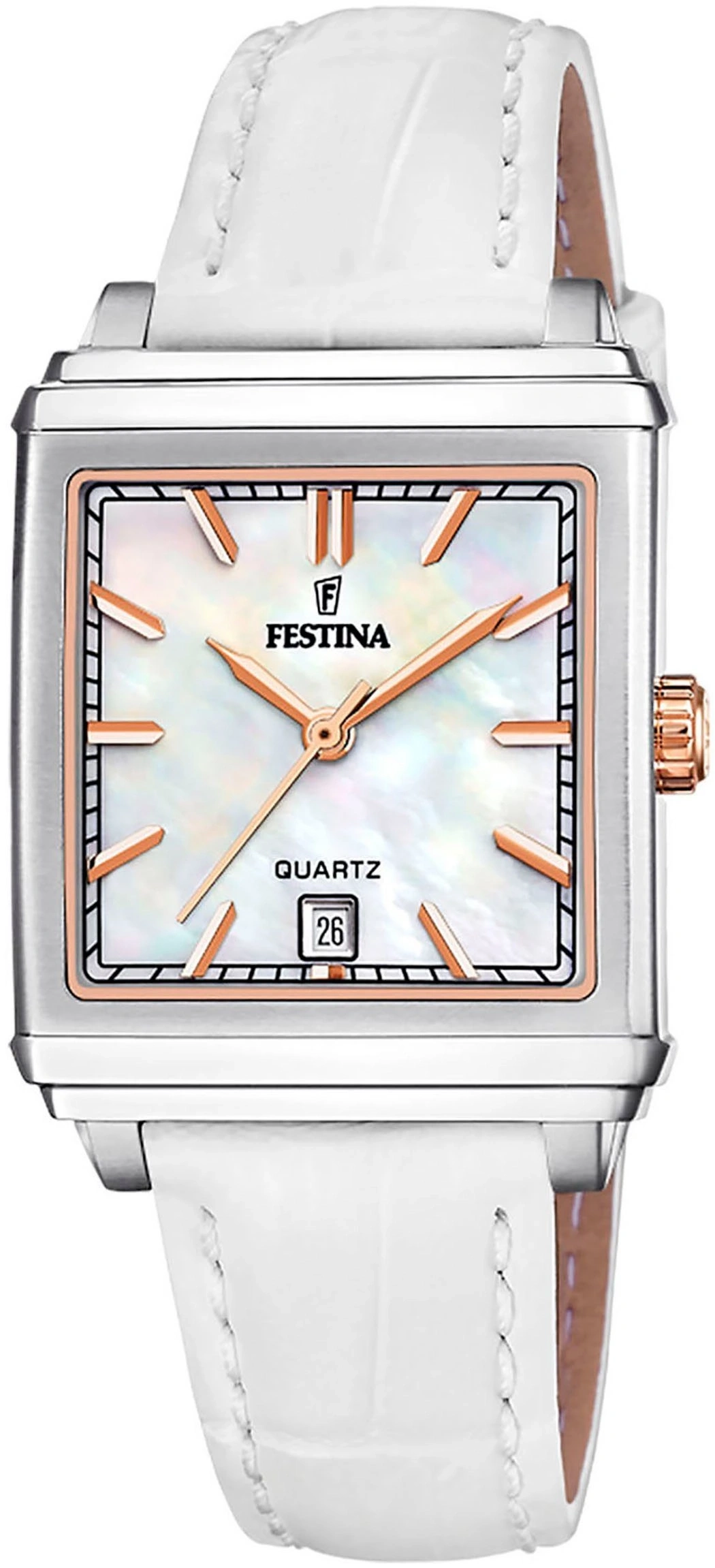 Silberne Festina Quarzuhr mit weißem Armband und rechteckigem Gehäuse