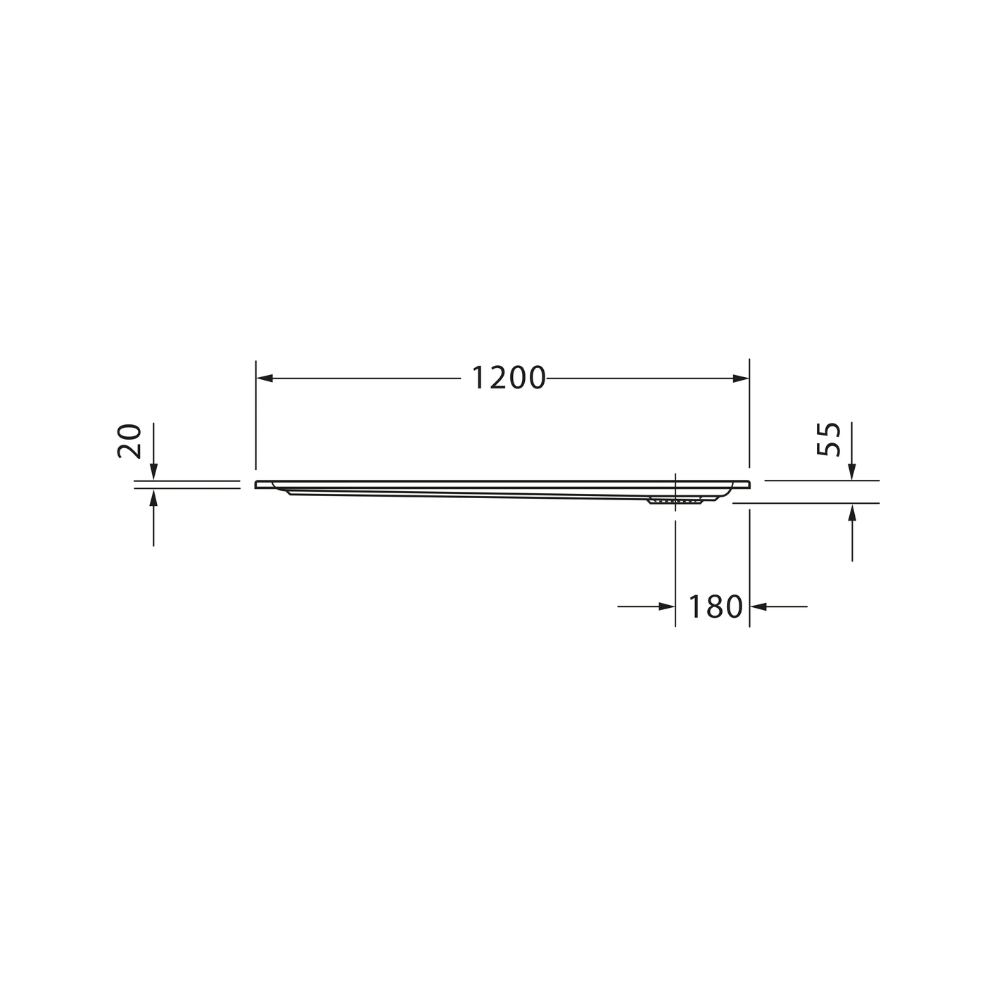 Abmessungen einer Leuchte: 1200mm lang, 20mm dick, 55mm hoch, 180mm breit.