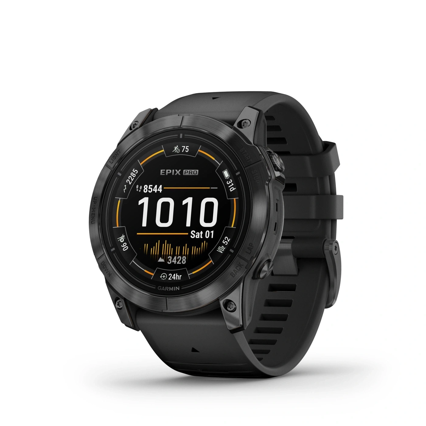 Schwarze Garmin Epix Pro Smartwatch mit Zifferblatt-Anzeige