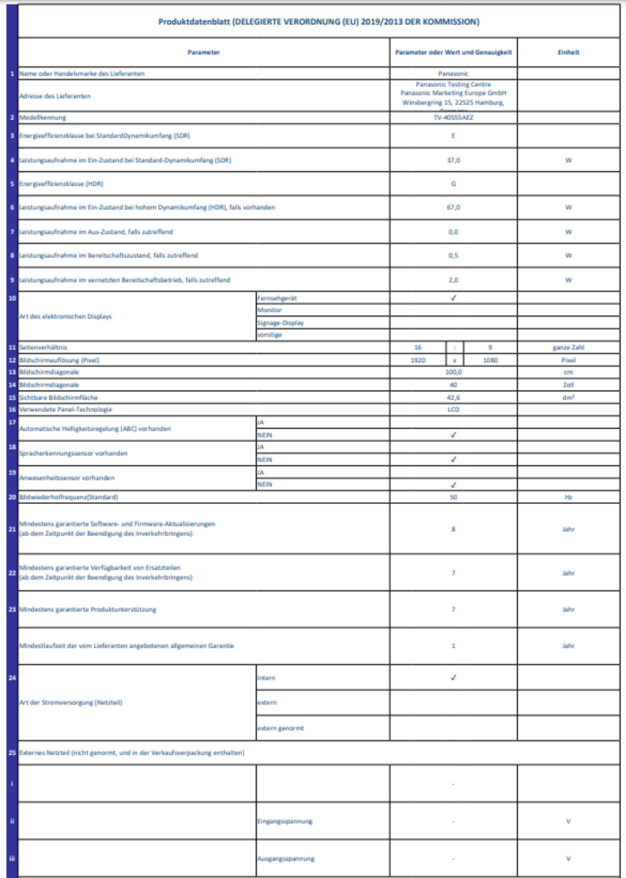 Produktdatenblatt mit technischen Spezifikationen für elektronische Displays.