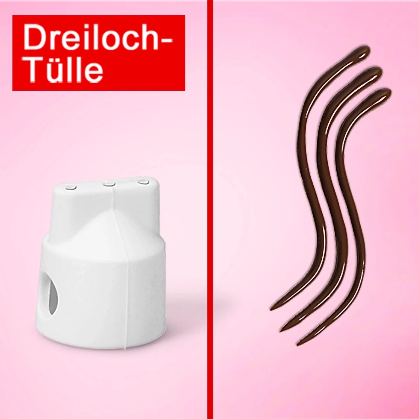Dreiloch-Tülle mit Schokoladen-Dekoration auf rosa Hintergrund