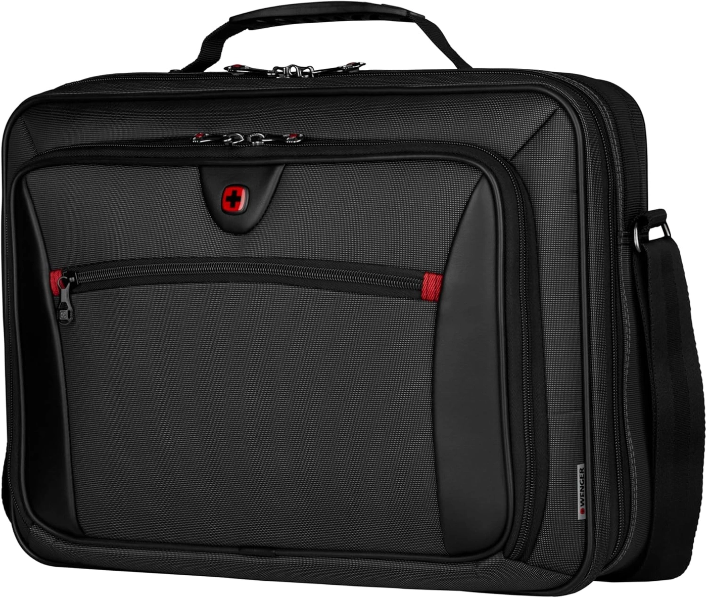 Schwarze Laptoptasche mit rotem Swiss-Wenger-Logo und Tragegriff