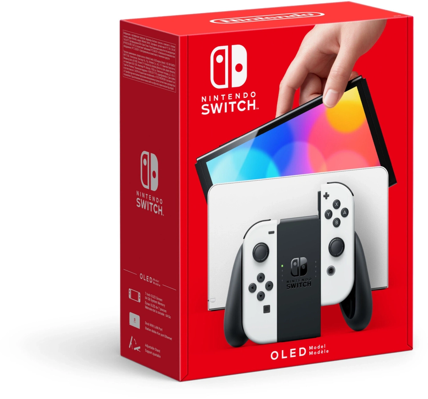 Nintendo Switch OLED-Modell, rote Box, Konsole und Controller.