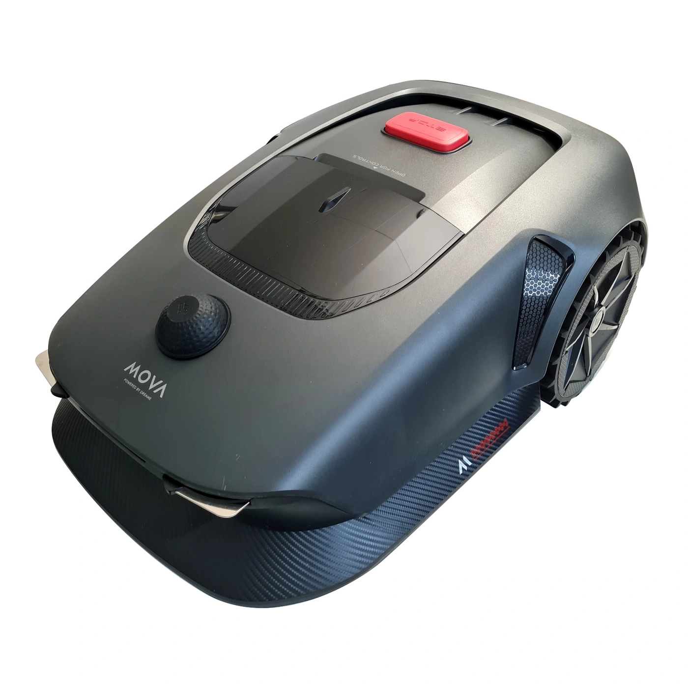 Ein Mova Mähroboter mit rotem Stoppknopf und schwarzem Gehäuse steht auf einem weißen Hintergrund.