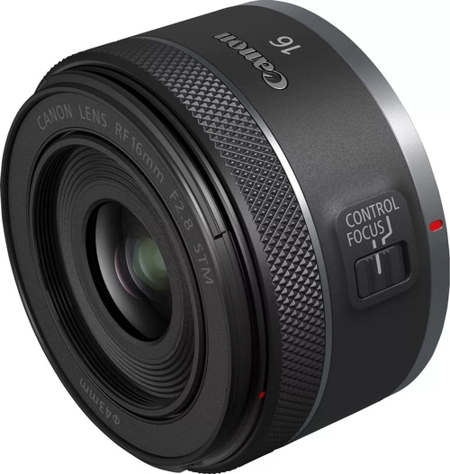 Canon RF 16mm F2.8 STM Objektiv, Nahaufnahme, schwarzes Objektiv, Fokus- und Steuerungselemente
