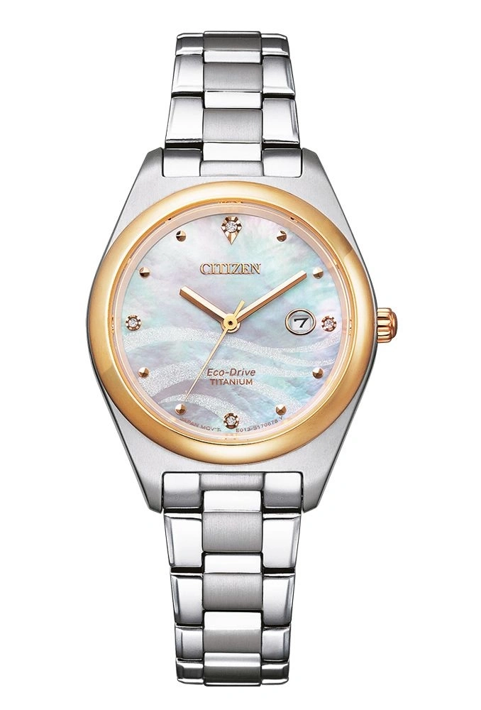Citizen Damenuhr, silbernes Gehäuse, goldenes Zifferblatt, Eco-Drive, Titan, elegant