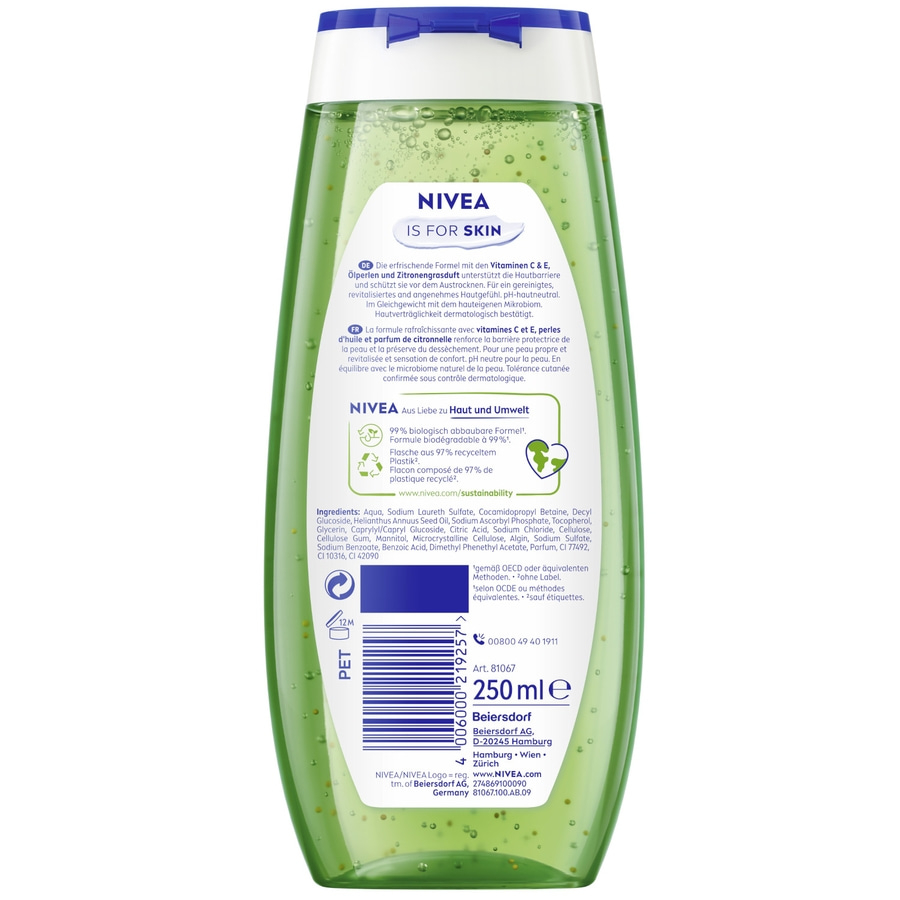 Nivea Duschgel mit Vitaminen C & E,  Ölperlen und Zitronengrasduft.