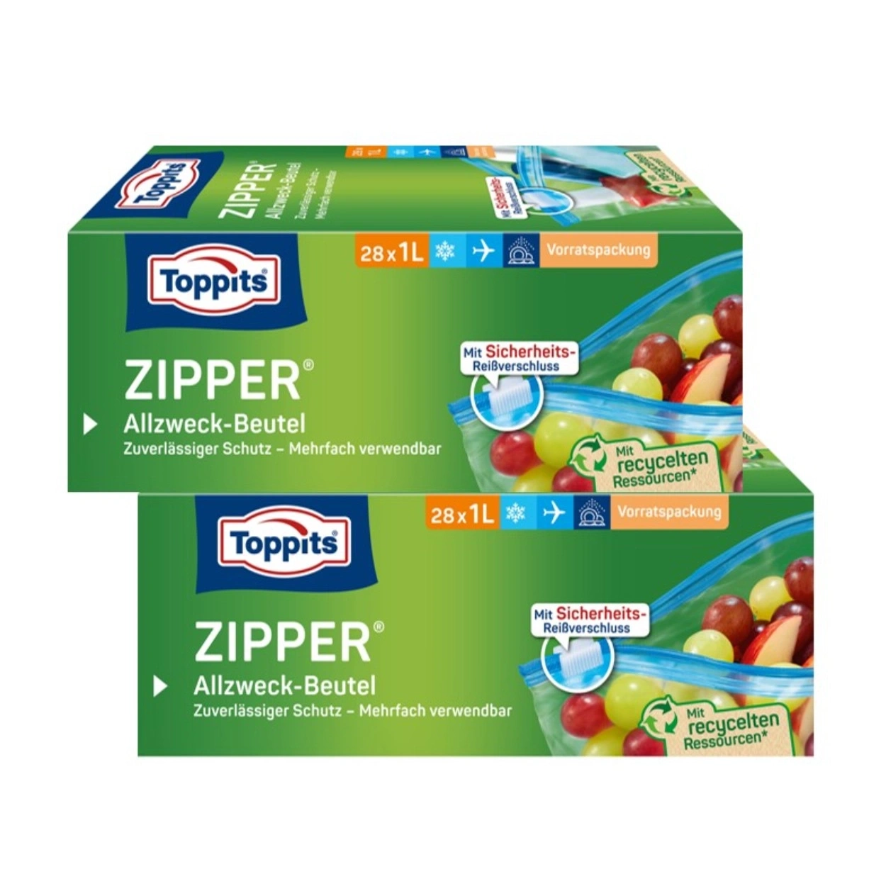 Zwei Toppits Zipper Vorratspackungen mit je 28x1L Allzweck-Beuteln