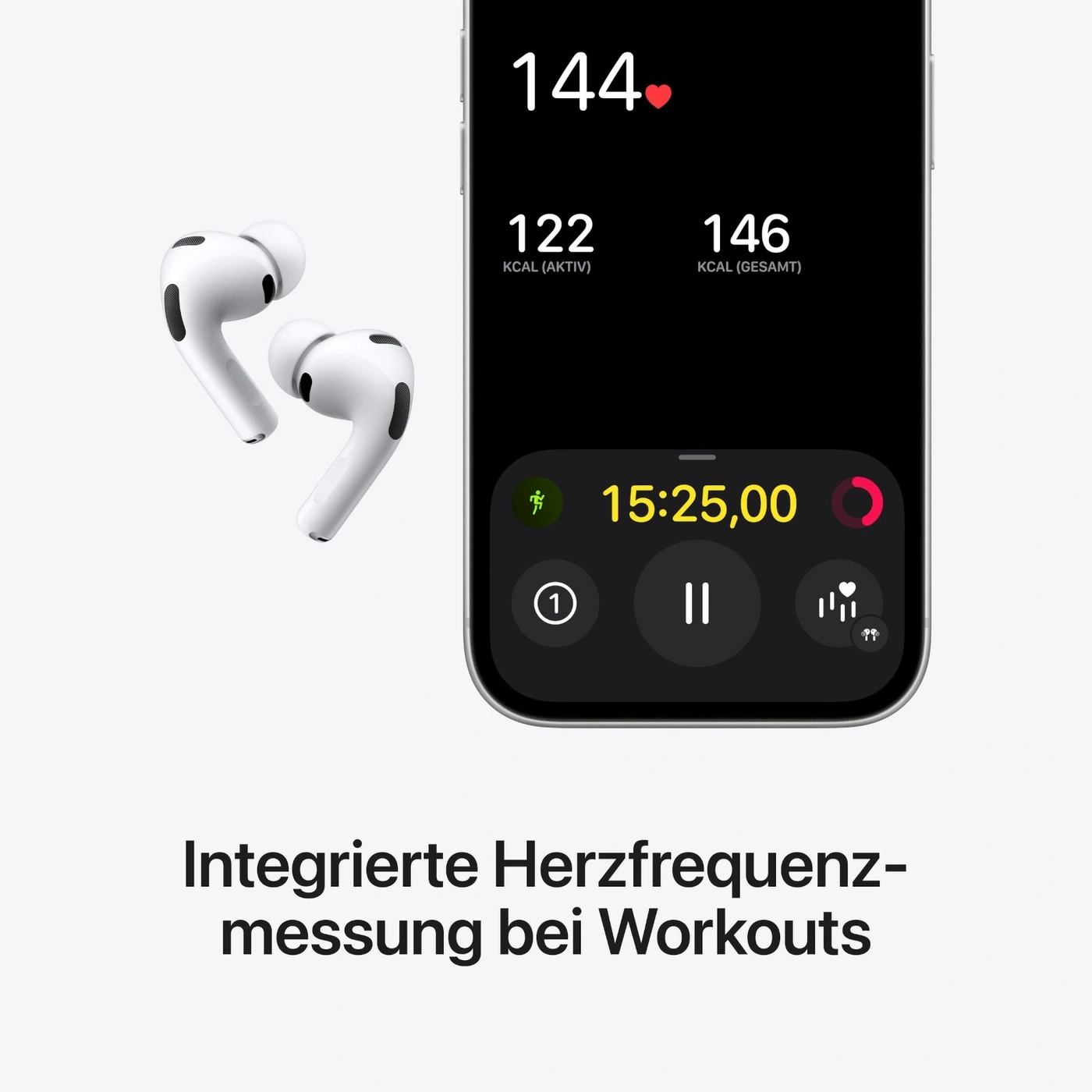 AirPods Pro mit iPhone, das Herzfrequenz und Kalorien beim Workout anzeigt.