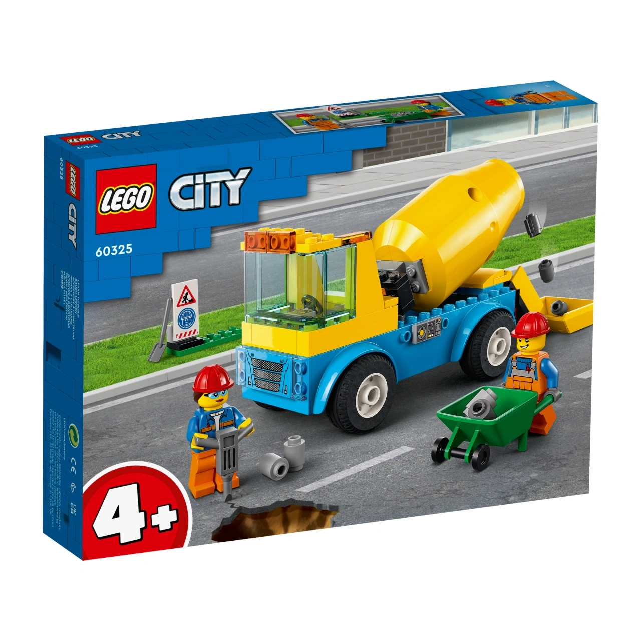 Lego City Betonmischer mit Bauarbeitern und Werkzeugen auf der Straße.