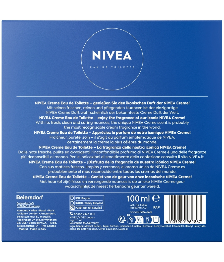 NIVEA Eau de Toilette Cremeduft Unisex Parfüm Flakon Zerstäuber 100ml