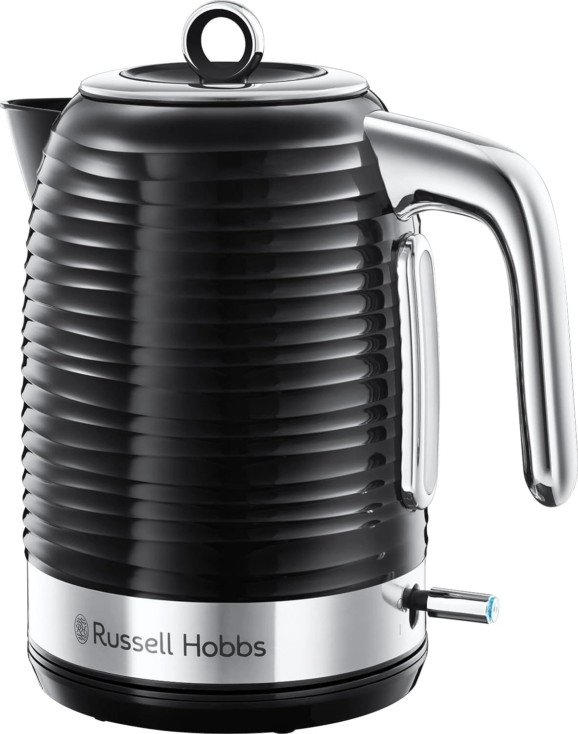 Schwarzer Wasserkocher mit geriffelter Oberfläche und Chromdetails von Russell Hobbs.