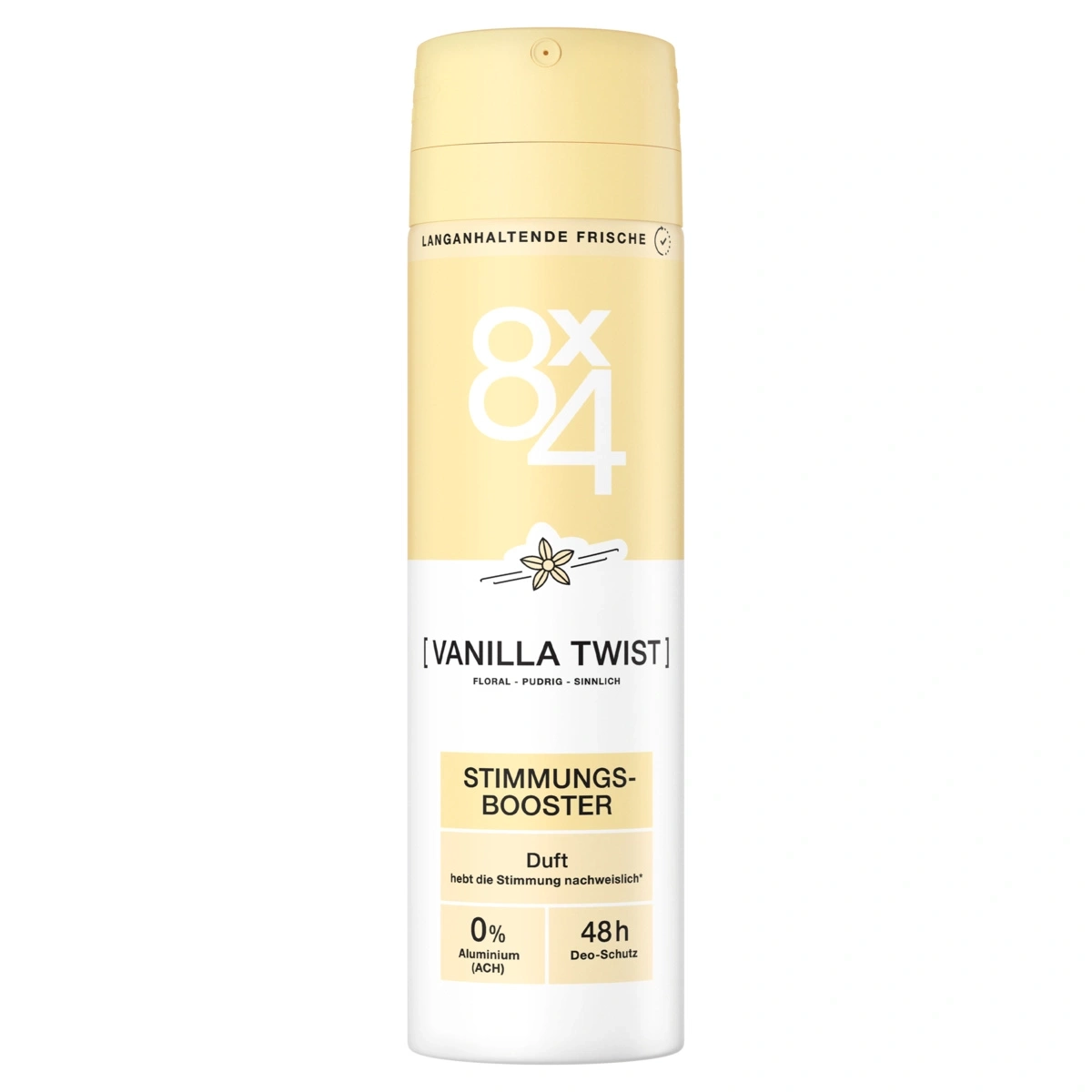 Ein gelber Deodorant-Spray mit der Aufschrift "Vanilla Twist" und "Stimmungs-Booster".