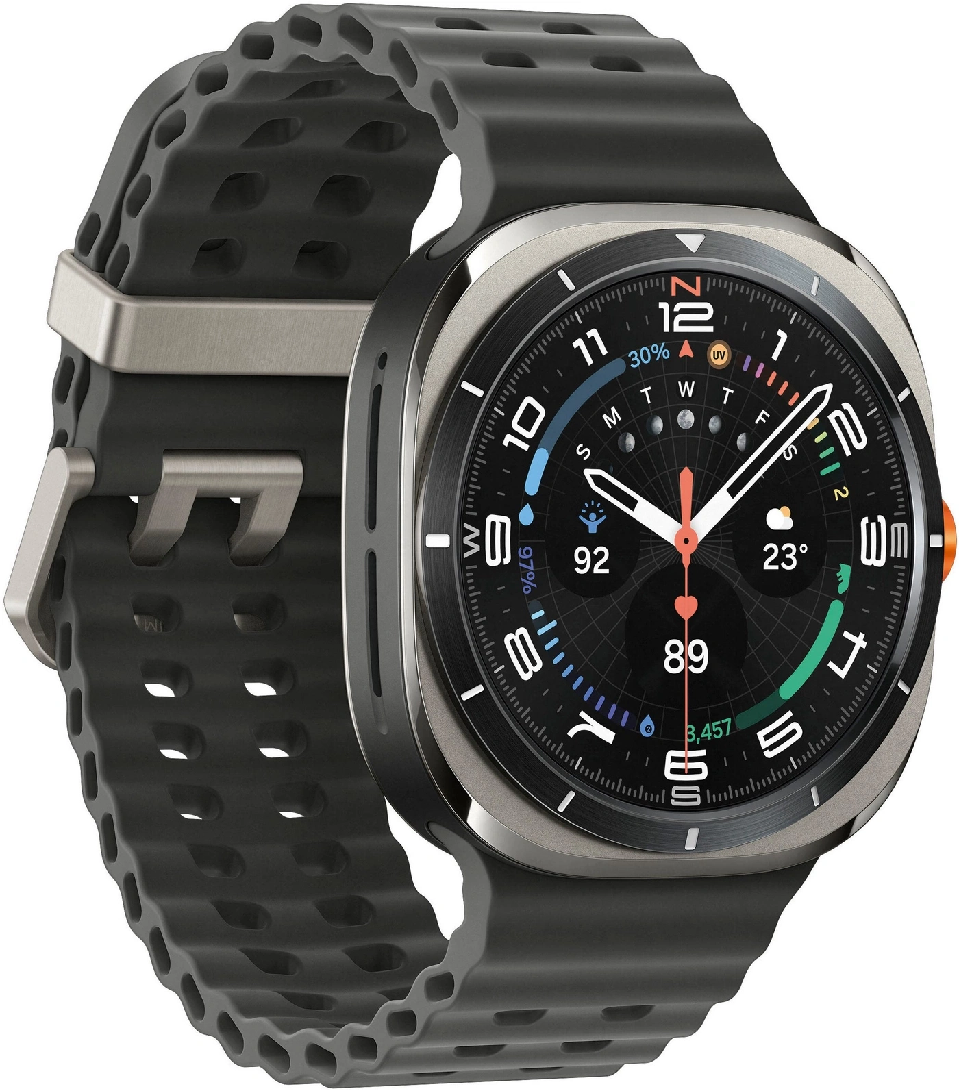 Eine Nahaufnahme einer modernen schwarzen Smartwatch mit einem silbernen Gehäuse und einem dunklen Armband