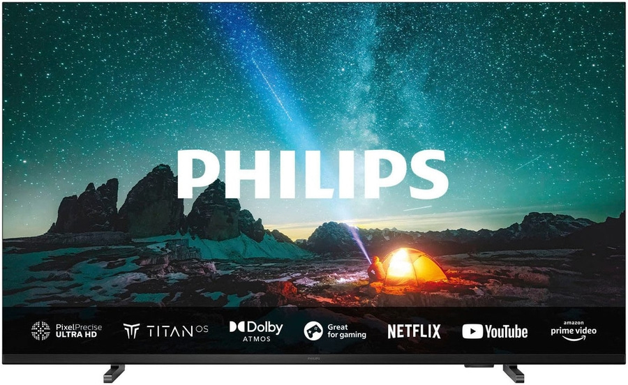 Philips Fernseher mit Pixel Precise Ultra HD, Titan OS, Dolby Atmos, Netflix, YouTube, Amazon Prime Video.