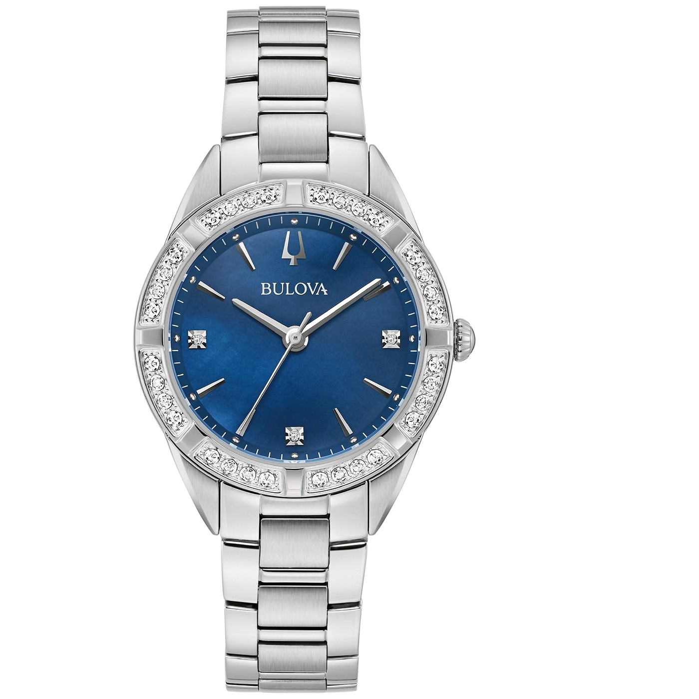 Eine silberne Bulova Damenuhr mit blauem Zifferblatt und funkelnden Diamanten.