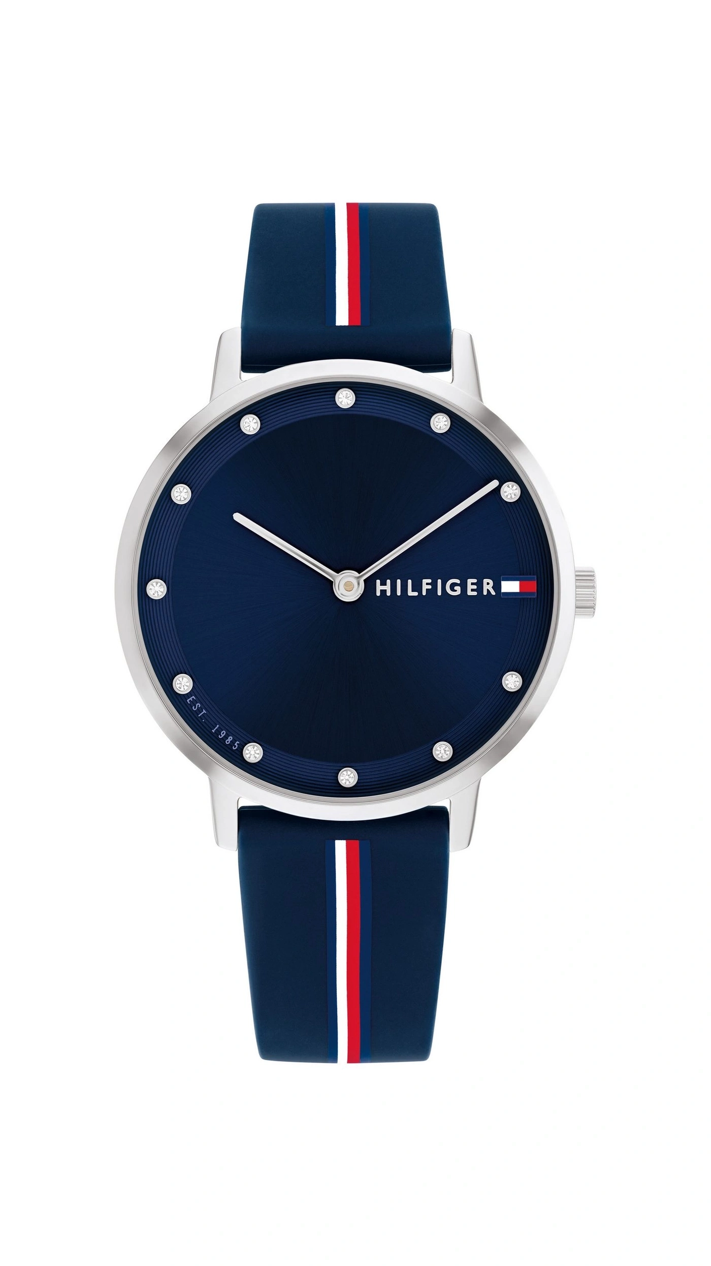 Eine Tommy Hilfiger Damenuhr mit blauem Zifferblatt und Streifen.