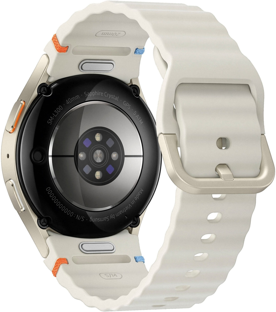 Smartwatch mit weißem Armband, Details wie 20mm, 40mm, GPS, 5 ATM, S/M, SM-L300.