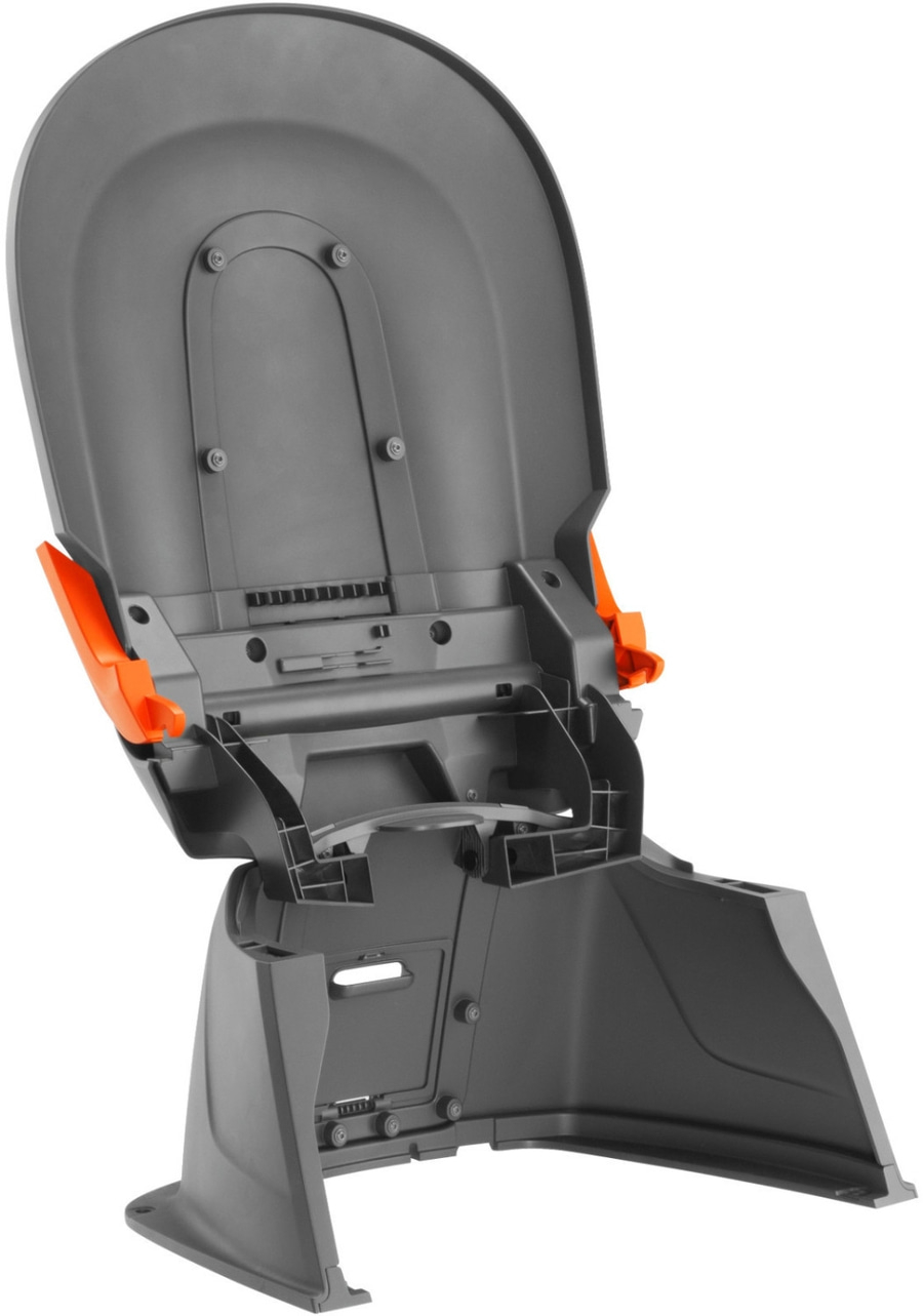 Grauer Kunststoffstuhl mit orangefarbenen Akzenten und Schrauben. Detailaufnahme.