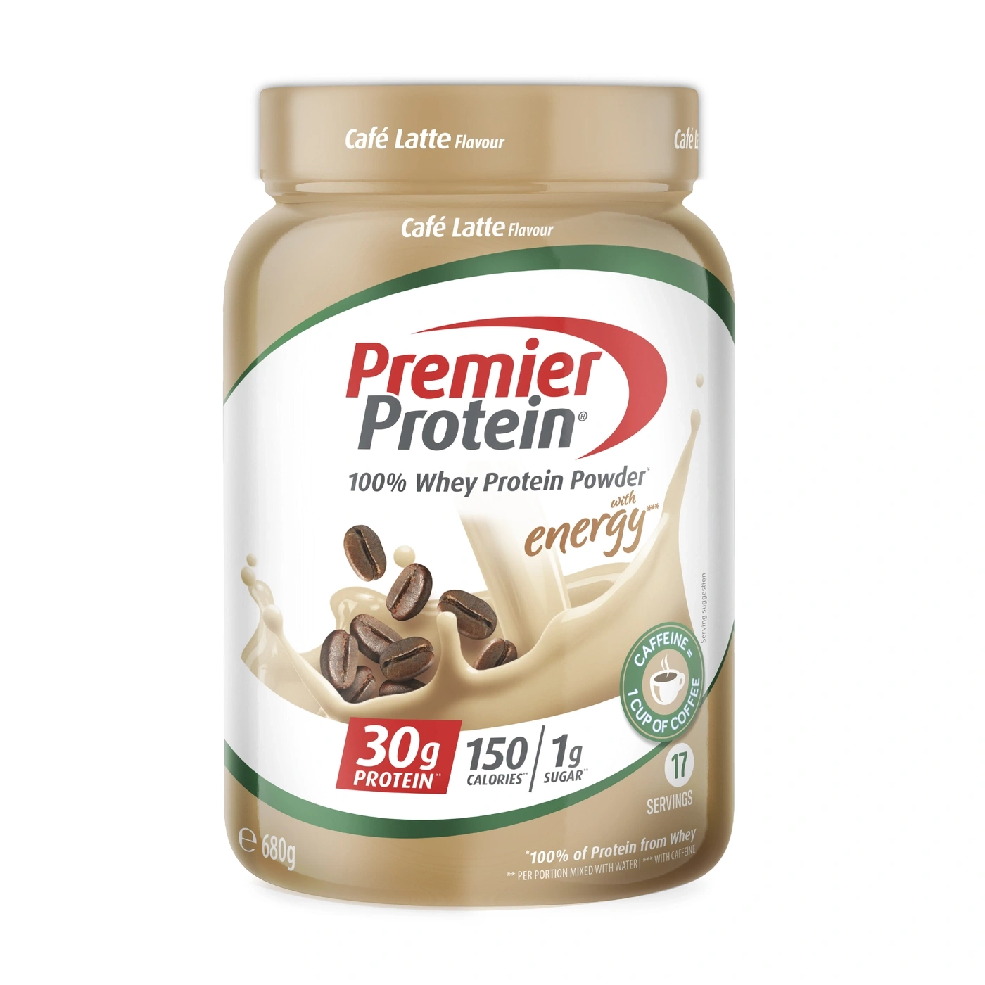 Premier Protein Pulver mit Koffein, Kaffee-Latte-Geschmack.