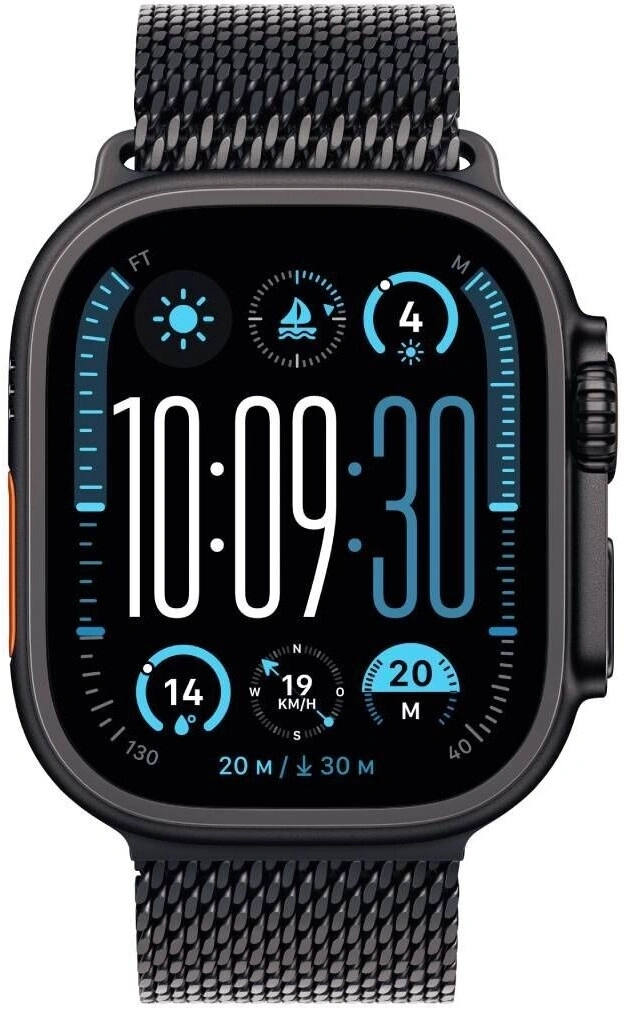 Eine Smartwatch mit digitaler Zeitanzeige und verschiedenen Gesundheitsinformationen auf dem Zifferblatt.